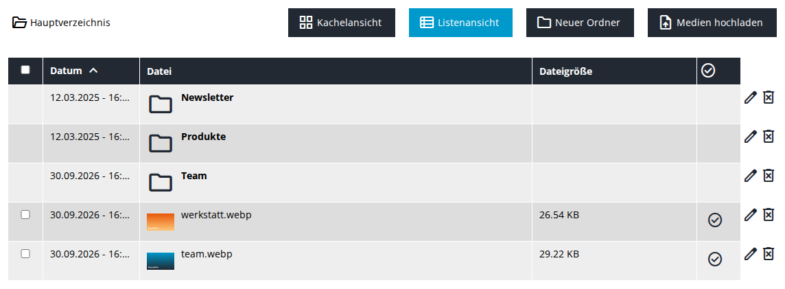 Listenansicht mit Ordnern und Bildern, den Spalten Datum, Datei und Dateigröße und einem Häkchen bei verwendeten Bildern