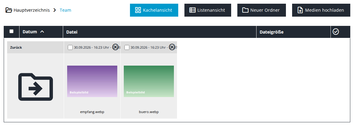 Geöffneter Ordner Team mit dem Pfad Hauptverzeichnis › Team, der Kachel Zurück und zwei Bildern