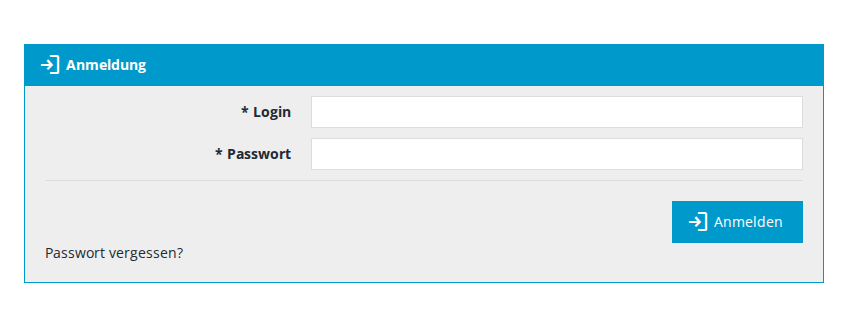 Anmeldemaske mit den Feldern Login und Passwort und der Schaltfläche Anmelden