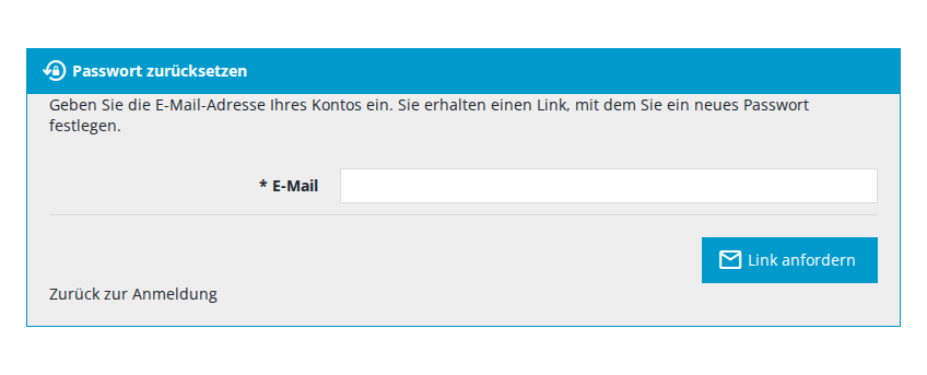 Formular Passwort zurücksetzen mit dem Feld E-Mail und der Schaltfläche Link anfordern