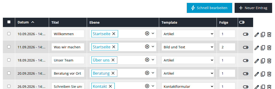 Liste im Modus Schnell bearbeiten mit Eingabefeldern für Titel, Ebene, Template und Folge