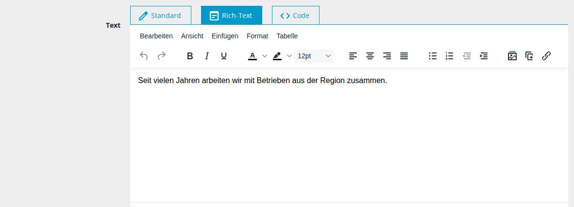 Rich-Text-Editor mit Menü und Werkzeugleiste über dem Textfeld