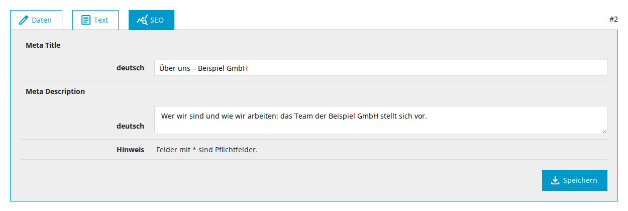 Reiter SEO mit den Feldern Meta Title und Meta Description