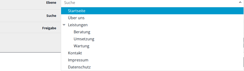 Aufgeklappter Filter Ebene mit dem Seitenbaum: Startseite, Über uns, Leistungen mit den Unterseiten Beratung, Umsetzung und Wartung, Kontakt, Impressum, Datenschutz
